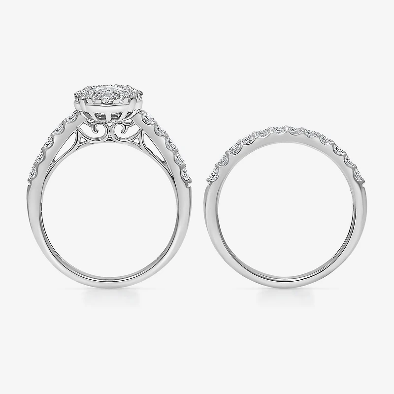 (I / I1) Womens 2 CT. T.W. Lab Grown White Diamond 10K Gold Oval Side Stone Halo Bridal Set