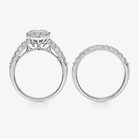 (I / I1) Womens 2 CT. T.W. Lab Grown White Diamond 10K Gold Oval Side Stone Halo Bridal Set