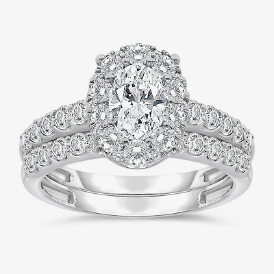 (I / I1) Womens 2 CT. T.W. Lab Grown White Diamond 10K Gold Oval Side Stone Halo Bridal Set