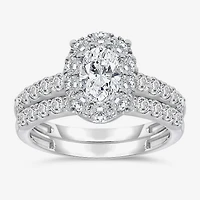 (I / I1) Womens 2 CT. T.W. Lab Grown White Diamond 10K Gold Oval Side Stone Halo Bridal Set