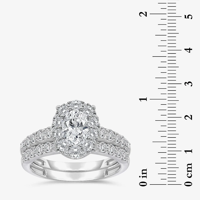 (I / I1) Womens 2 CT. T.W. Lab Grown White Diamond 10K Gold Oval Side Stone Halo Bridal Set