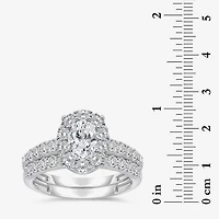 (I / I1) Womens 2 CT. T.W. Lab Grown White Diamond 10K Gold Oval Side Stone Halo Bridal Set