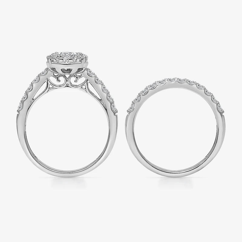 (I / I1) Womens 2 CT. T.W. Lab Grown White Diamond 10K Gold Pear Side Stone Halo Bridal Set