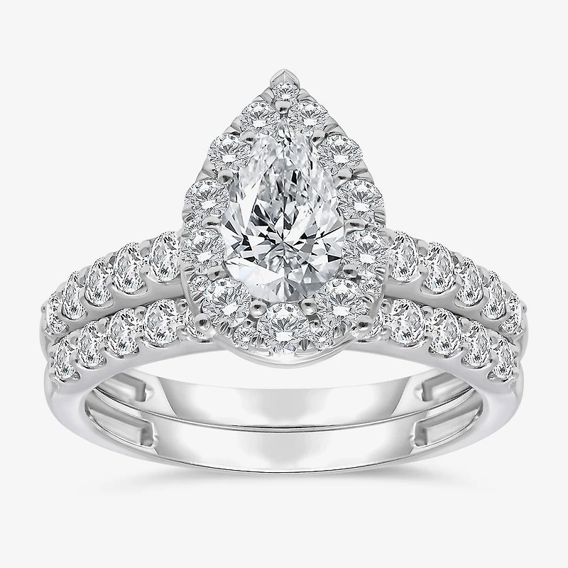 (I / I1) Womens 2 CT. T.W. Lab Grown White Diamond 10K Gold Pear Side Stone Halo Bridal Set
