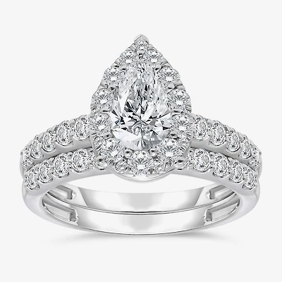 (I / I1) Womens 2 CT. T.W. Lab Grown White Diamond 10K Gold Pear Side Stone Halo Bridal Set
