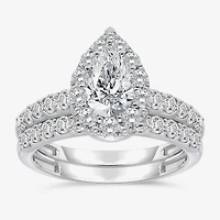(I / I1) Womens 2 CT. T.W. Lab Grown White Diamond 10K Gold Pear Side Stone Halo Bridal Set