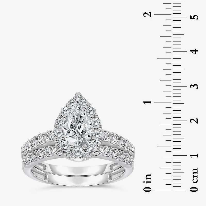 (I / I1) Womens 2 CT. T.W. Lab Grown White Diamond 10K Gold Pear Side Stone Halo Bridal Set