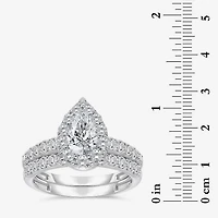 (I / I1) Womens 2 CT. T.W. Lab Grown White Diamond 10K Gold Pear Side Stone Halo Bridal Set