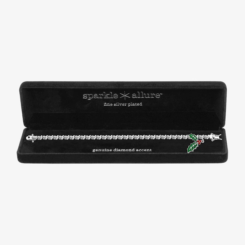 Sparkle Allure Mistletoe Charm Womens Natural White Diamond Accent Pure Silver Over Brass 7.25 Inch Tennis Bracelet