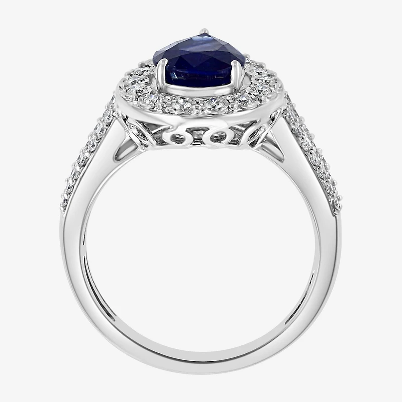 Effy Final Call Womens 1/2 CT. T.W. Diamond & Genuine Blue Sapphire 14K White Gold Pear Halo Cocktail Ring