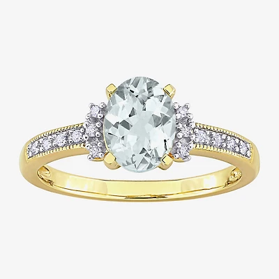 Womens Diamond Accent Genuine Blue Aquamarine 18K Gold Over Silver Oval Cocktail Ring