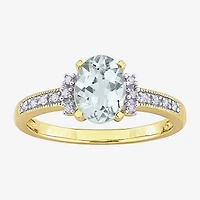 Womens Diamond Accent Genuine Blue Aquamarine 18K Gold Over Silver Oval Cocktail Ring