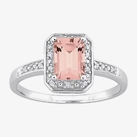 Womens Diamond Accent Genuine Pink Morganite Sterling Silver Halo Cocktail Ring
