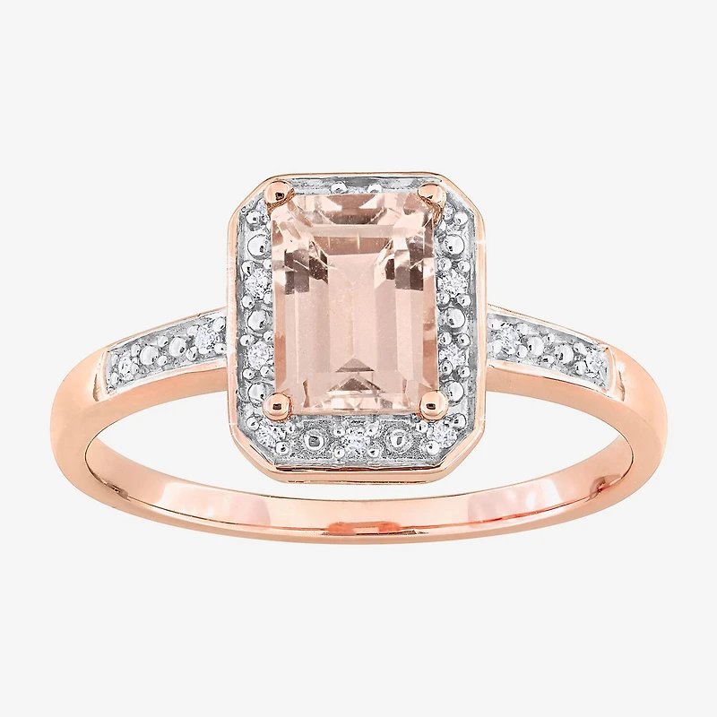 Womens Diamond Accent Genuine Pink Morganite 18K Rose Gold Over Silver Halo Cocktail Ring