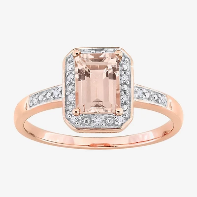 Womens Diamond Accent Genuine Pink Morganite 18K Rose Gold Over Silver Halo Cocktail Ring