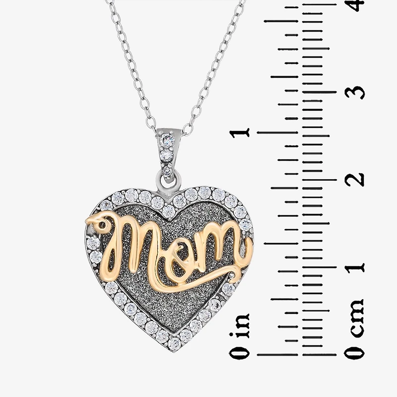 STERLING SILVER AND 18K GOLD OVER SILVER CUBIC ZIRCONIA GLITTER GOLD MOM HEART NECKLACE 18 INCH