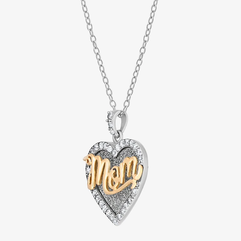 STERLING SILVER AND 18K GOLD OVER SILVER CUBIC ZIRCONIA GLITTER GOLD MOM HEART NECKLACE 18 INCH