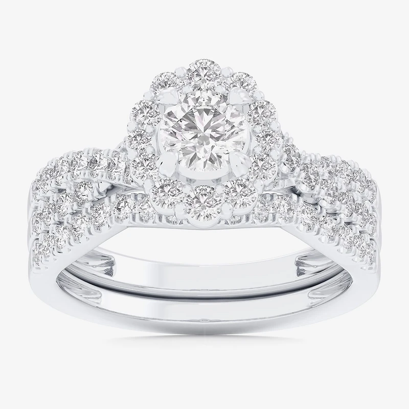 Signature By Modern Bride (G-H / Si1-Si2) Womens 1 1/3 CT. T.W. Lab Grown White Diamond 10K Gold Round Side Stone Halo Bridal Set