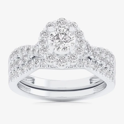 Signature By Modern Bride (G-H / Si1-Si2) Womens 1 1/3 CT. T.W. Lab Grown White Diamond 10K Gold Round Side Stone Halo Bridal Set