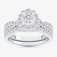 Signature By Modern Bride (G-H / Si1-Si2) Womens 1 1/3 CT. T.W. Lab Grown White Diamond 10K Gold Round Side Stone Halo Bridal Set