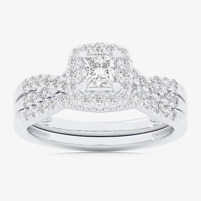 Signature By Modern Bride (G-H / Si1-Si2) Womens 7/8 CT. T.W. Lab Grown White Diamond 10K Gold Cushion Side Stone Halo Bridal Set