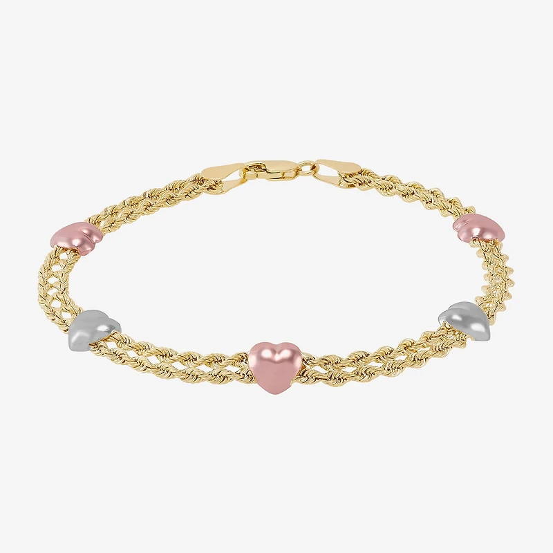 Womens 10K Tri-Color Gold 7.5 Inch Hollow Rope Chain Bracelet