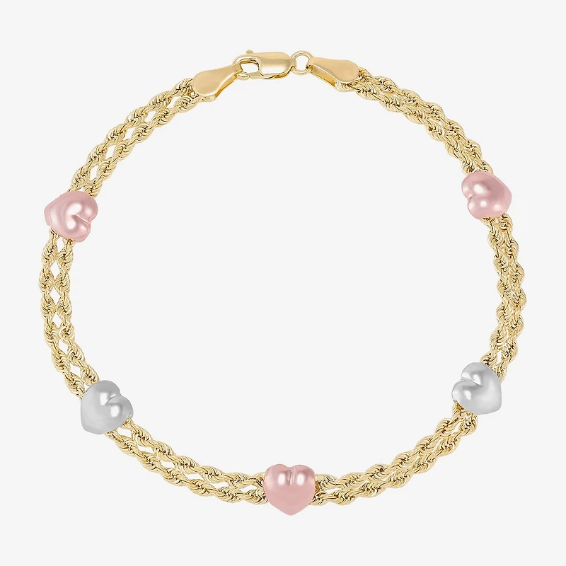 Womens 10K Tri-Color Gold 7.5 Inch Hollow Rope Chain Bracelet