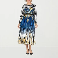 Giovanna Signature Womens Plus Midi Crew Neck Long Sleeve Cuffed Abstract Fit + Flare Dress