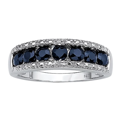 Womens 2MM Diamond Accent Genuine Blue Sapphire Platinum Over Silver Band