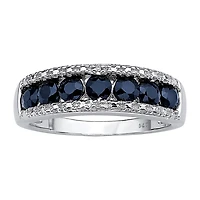 Womens 2MM Diamond Accent Genuine Blue Sapphire Platinum Over Silver Band
