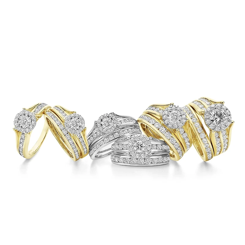 (G / I1) Womens 2 CT. T.W. Lab Grown White Diamond 14K Gold Round Side Stone Halo Bridal Set