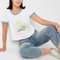 Womens Juniors Round Neck Short Sleeve Regular Fit Graphic T-Shirt