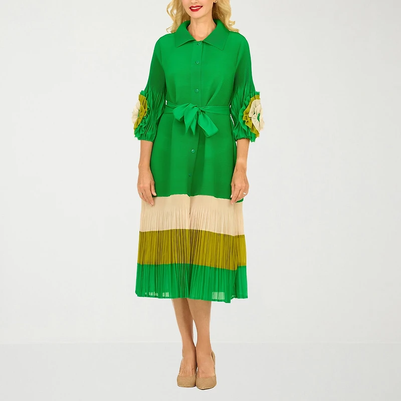 Giovanna Signature Womens Easy-on + Easy-off 3/4 Sleeve Midi Shirt Dress