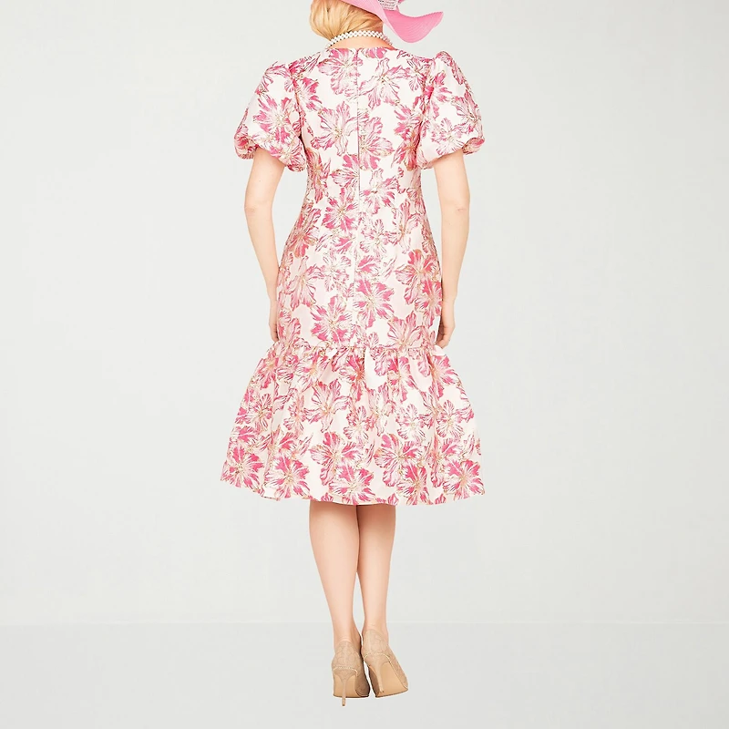 Giovanna Signature Womens Midi Crew Neck Short Sleeve Floral A-Line Dress