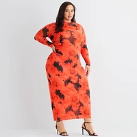 Ashley Graham Mesh Womens Plus Mock Neck Long Sleeve Fitted Floral Bodycon Dress