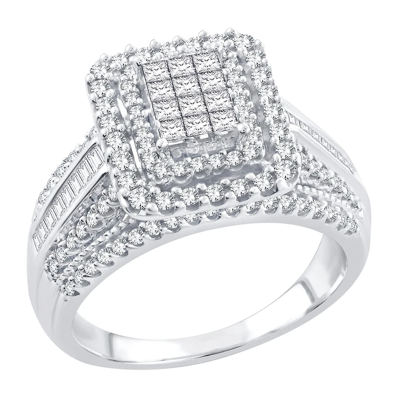 Womens 1/ CT. T.W. Natural White Diamond 10K Gold Side Stone Halo Engagement Ring