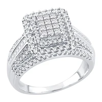 Womens 1/ CT. T.W. Natural White Diamond 10K Gold Side Stone Halo Engagement Ring