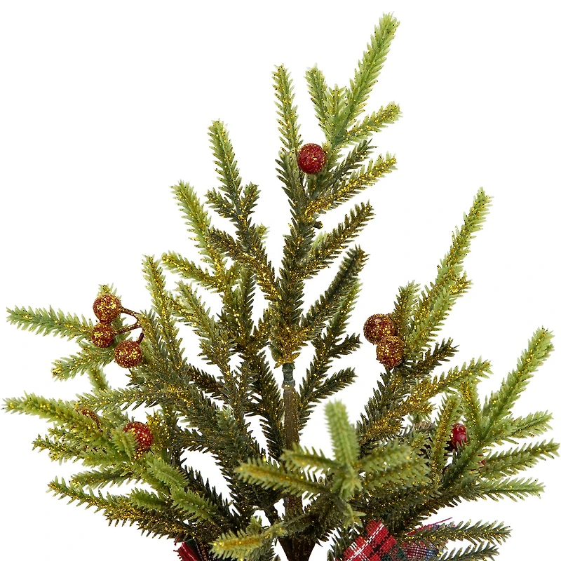 Northlight 9" Mini Glittered Pine With Berries Artificial Pine Christmas Tree