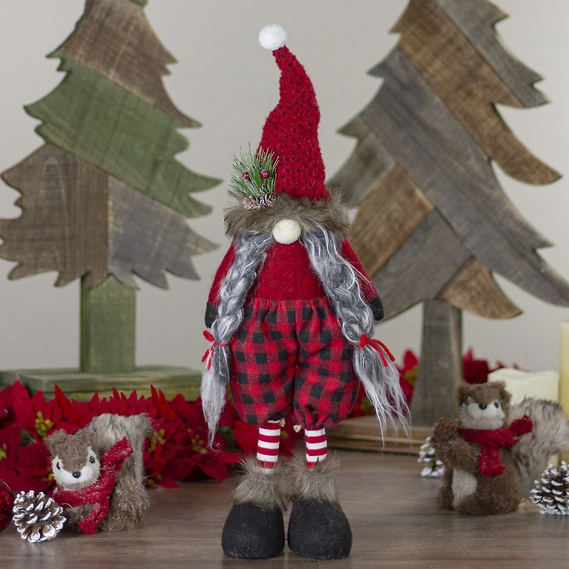 Northlight 17" Buffalo Plaid Girl Gnome With Pigtails Christmas Gnome