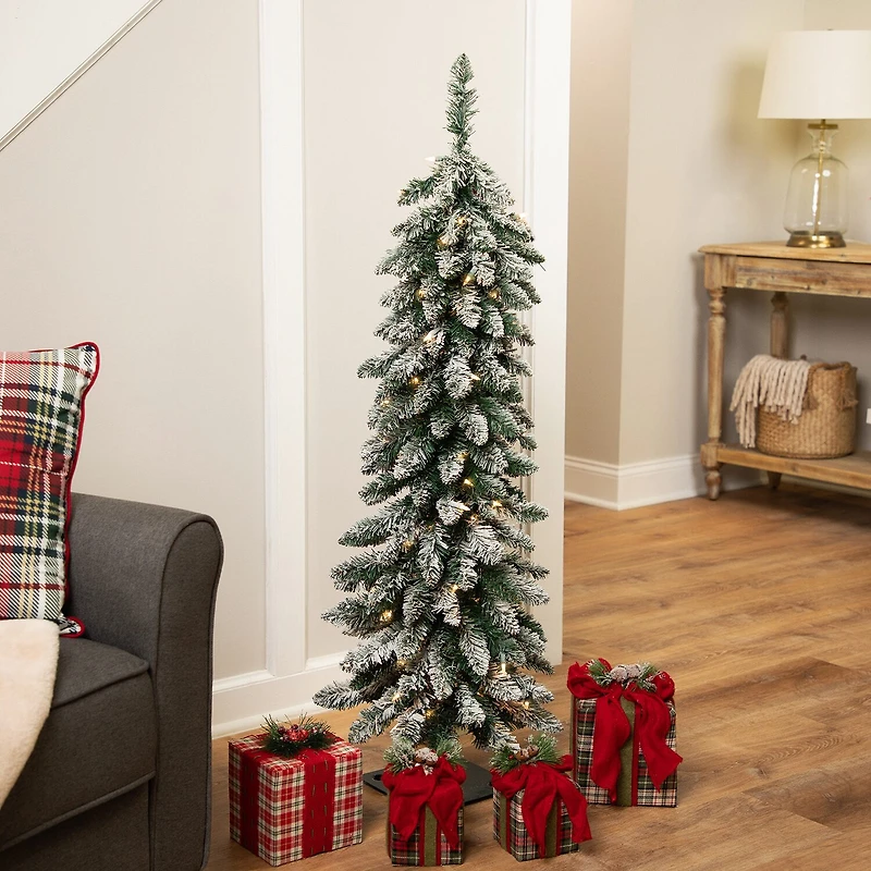 Northlight 4ft Prelit Pencil Flocked Alpine Artificial Clear 4 Foot Flocked Pine Christmas Tree