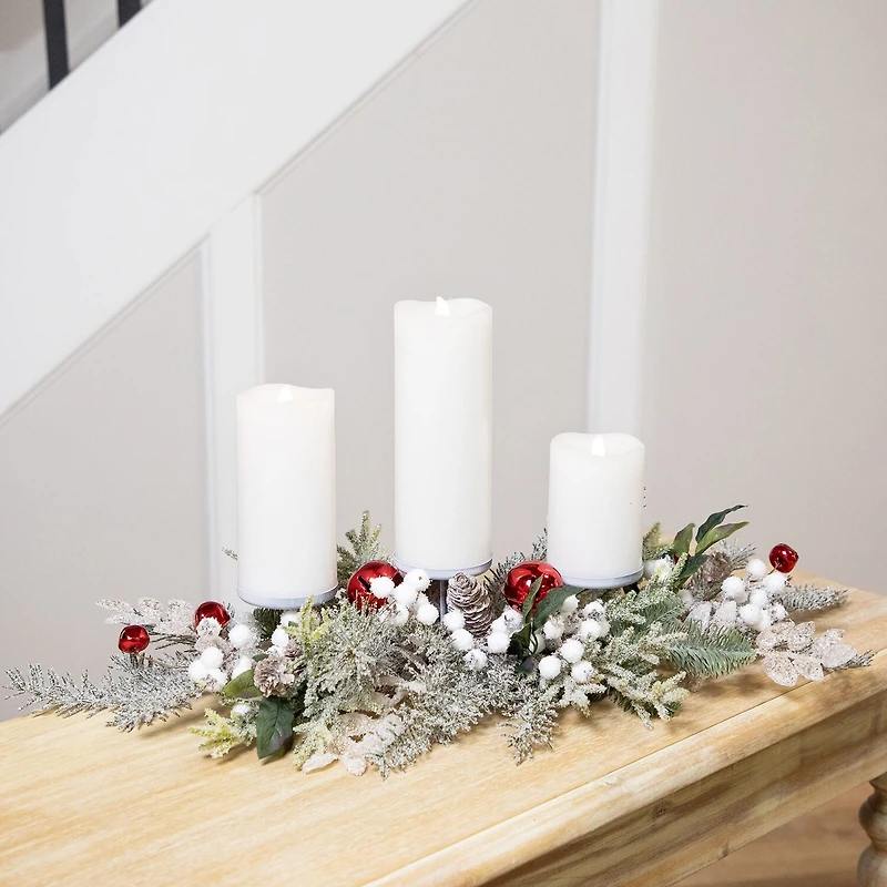 Northlight 28" Frosted Winter Greenery And Jingle Bells Pillar Candle Holder