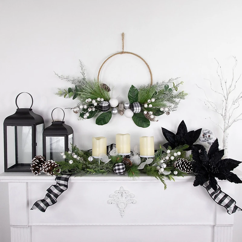Northlight 29" Mixed Foliage And Jingle Bell Pillar Candle Holder