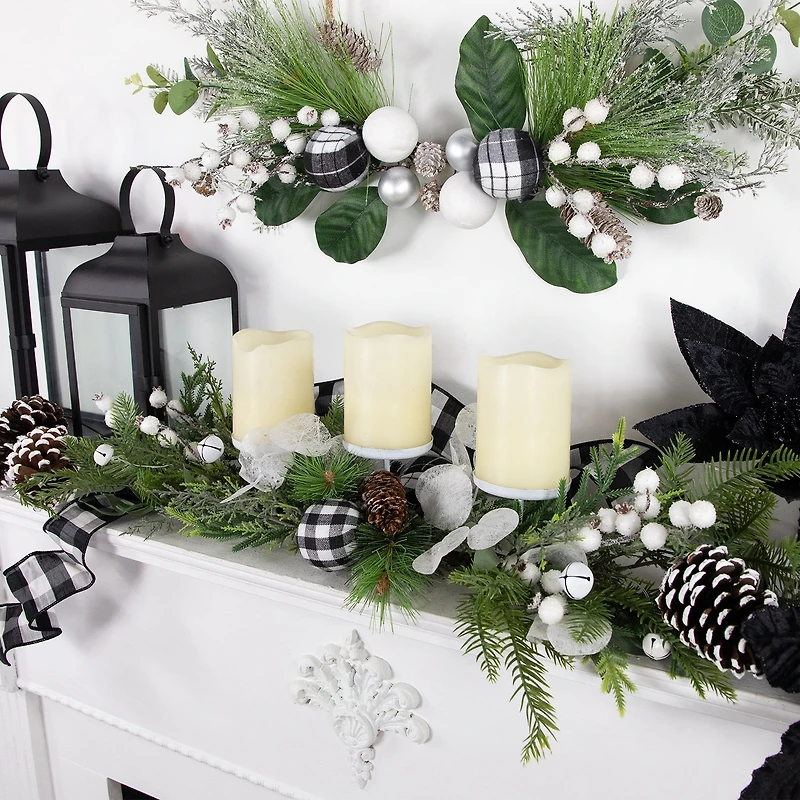 Northlight 29" Mixed Foliage And Jingle Bell Pillar Candle Holder