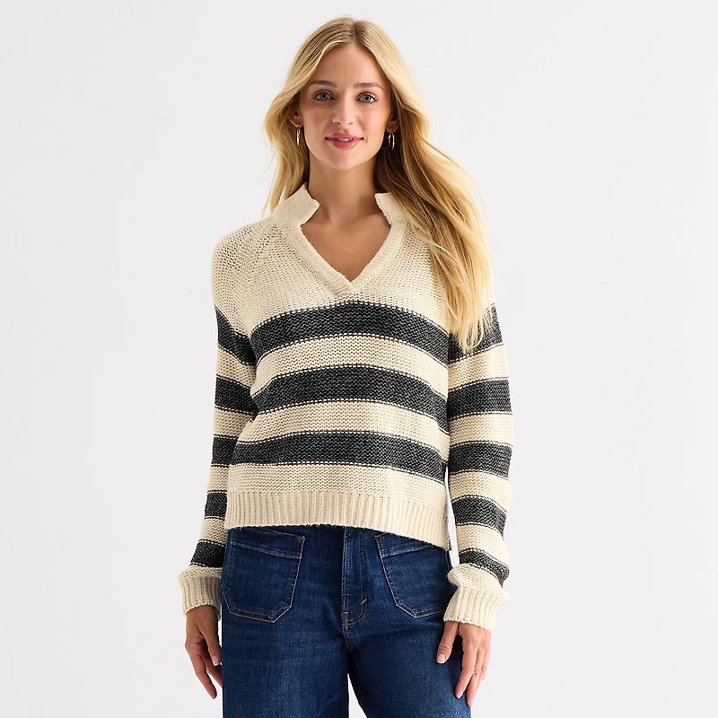 a.n.a Womens Split Crew Neck Long Sleeve Striped Pullover Sweater