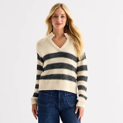 a.n.a Womens Split Crew Neck Long Sleeve Striped Pullover Sweater