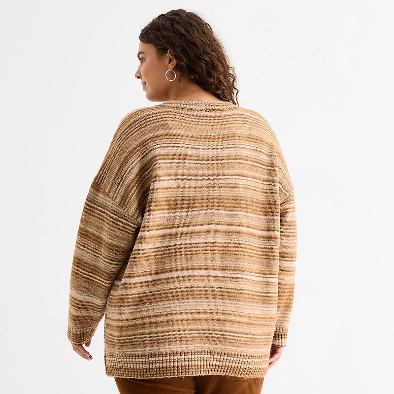 a.n.a Womens Plus Crew Neck Long Sleeve Striped Pullover Sweater