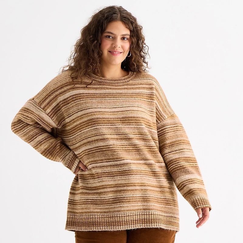 a.n.a Womens Plus Crew Neck Long Sleeve Striped Pullover Sweater