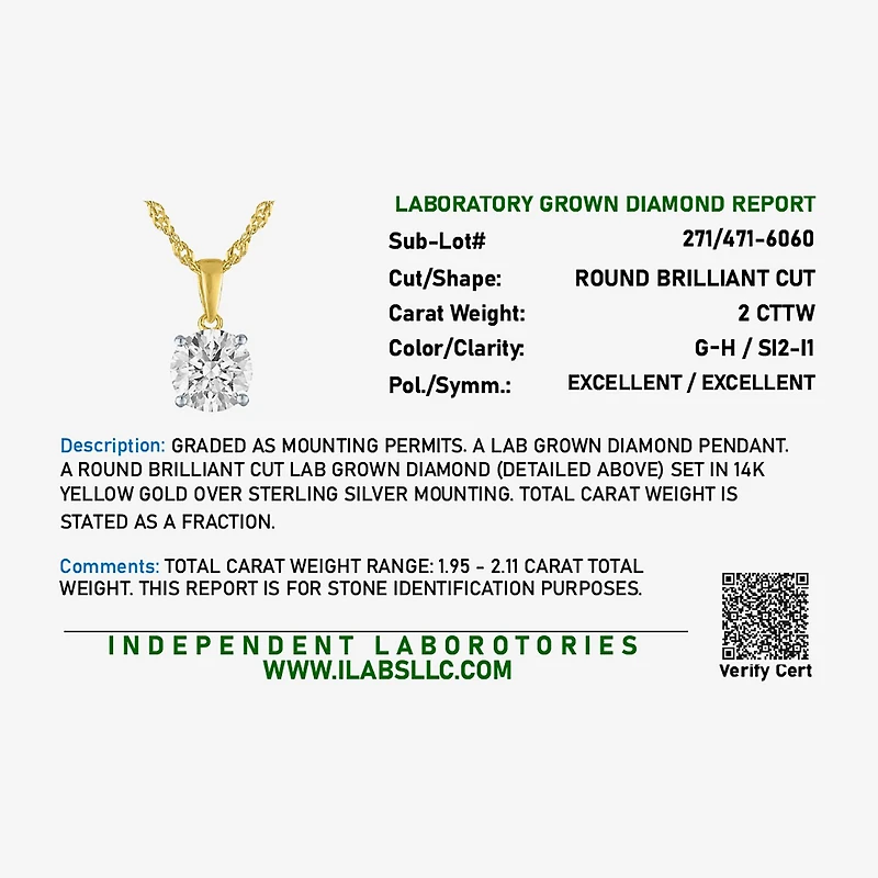 G-H, Si2-I1 Womens 2 CT. T.W. Lab Grown White Diamond Sterling Silver or 14K Gold over Round Pendant Necklace
