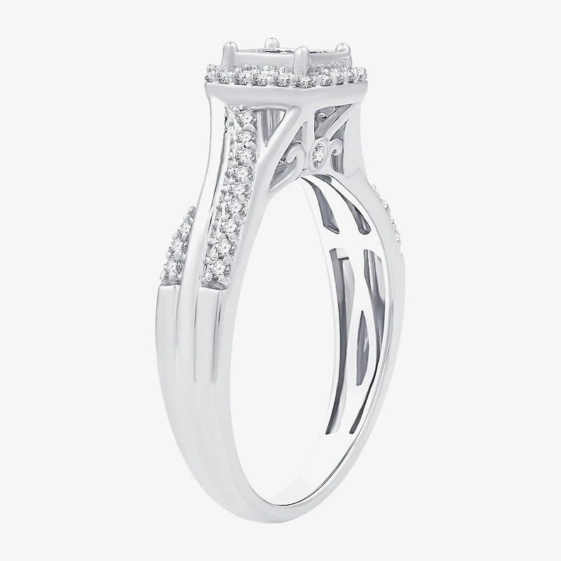 H -I/ I1 Womens 1/2 CT. T.W. Lab Grown White Diamond Sterling Silver Side Stone Halo Bridal Set