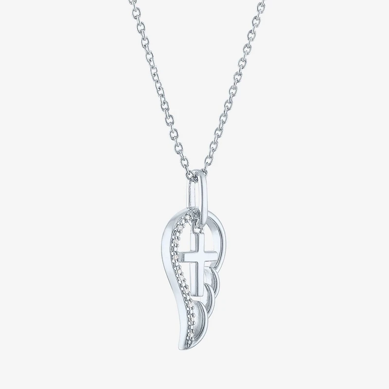 Diamond Accent Wings (G-H,Si2-I1) Womens Diamond Accent Lab Grown White Diamond Accent Sterling Silver Cross Wing 16 Inch Pendant Necklace